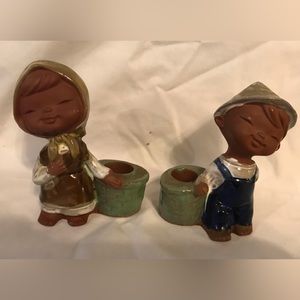Vintage UCTCI Japan Stoneware Pottery Candle Holders - Boy & Girl Farmers